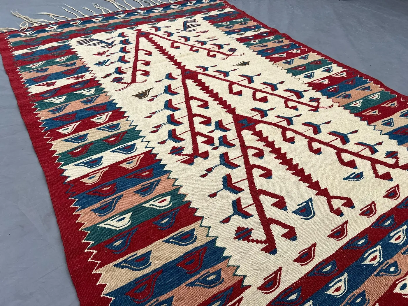 3'9x5'5 ft Vintage Turkish Tribal Rug | Handmade Flatweave Kilim Carpet | Boho Ethnic Wool Rug | Geometric Folk Art Wall Decor, Kitchen Rug