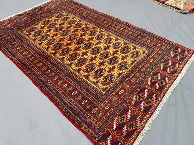 4x7 Pakistani Tribal Rug | Hand-Knotted Wool Bukhara Carpet | Vintage Turkmen Style Area Rug | Red Beige Orien