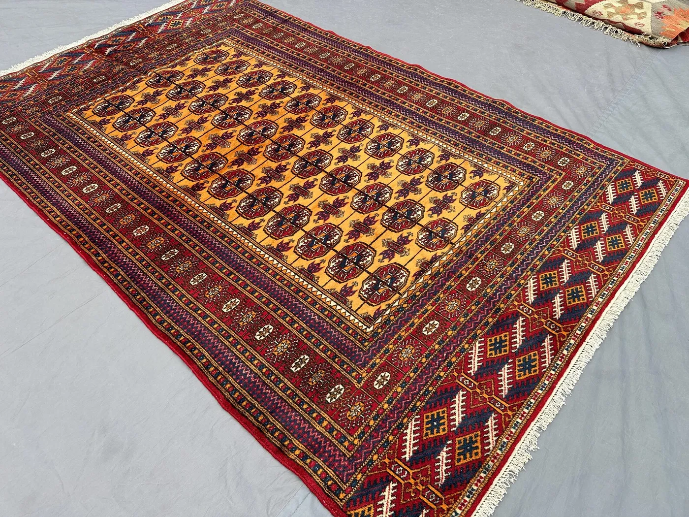 4x7 Pakistani Tribal Rug | Hand-Knotted Wool Bukhara Carpet | Vintage Turkmen Style Area Rug | Red Beige Oriental Decor, Bedroom rug Carpet