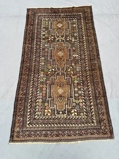 4x7 Afghan Baluch Rug | Hand-Knotted Wool Tribal Carpet | Vintage Nomadic Design Area Rug | Rustic Brown Boho 