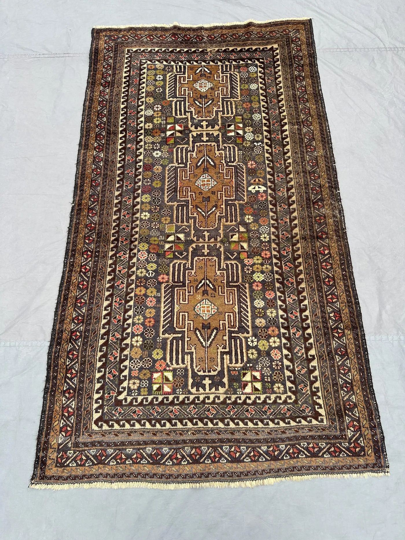 4x7 Afghan Baluch Rug | Hand-Knotted Wool Tribal Carpet | Vintage Nomadic Design Area Rug | Rustic Brown Boho Home Decor, Kitchen Rug
