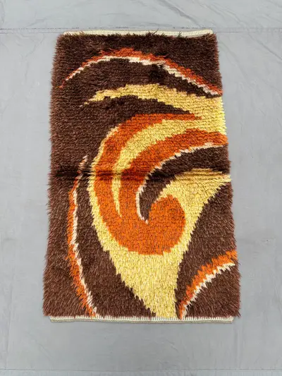 2'4x4'2 ft Moroccan Full Pile Rug | Handmade Retro Swirl Wool Carpet | Orange Shaggy Decor | Vintage Mid Centu