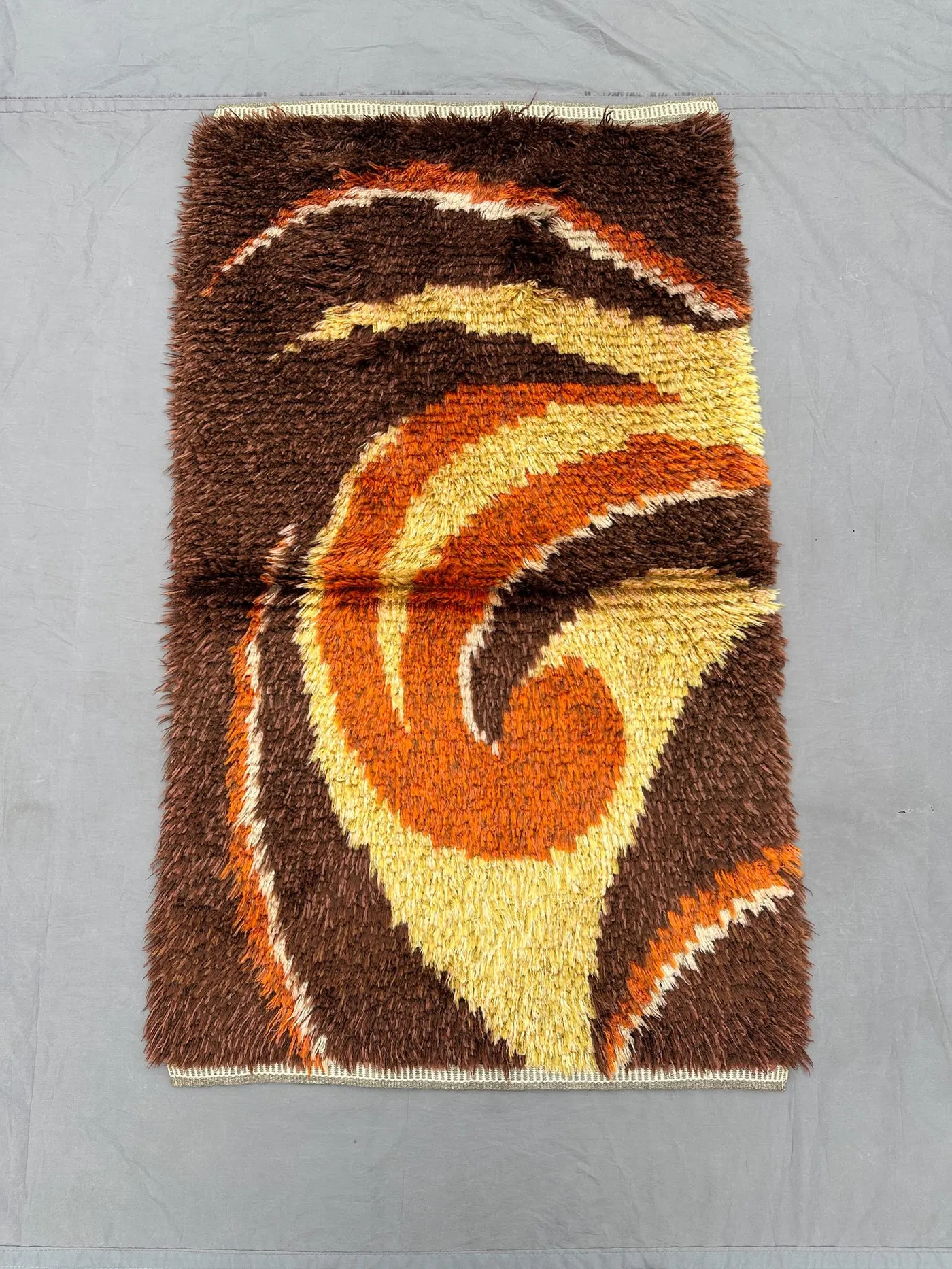 2'4x4'2 ft Moroccan Full Pile Rug | Handmade Retro Swirl Wool Carpet | Orange Shaggy Decor | Vintage Mid Century Boho Accent, bathroom rug