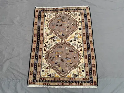 3x4 Vintage Afghan Sumak Rug | Handmade Silky Wool Accent Carpet | Red Beige Tribal Pattern | Boho Ethnic Area