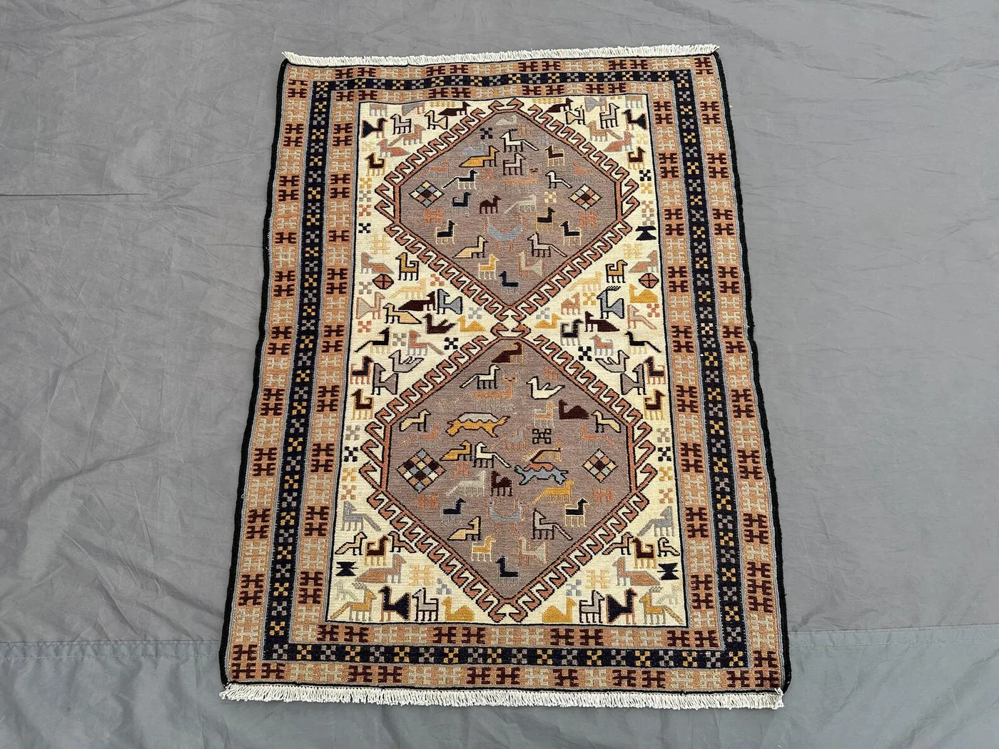 3x4 Vintage Afghan Sumak Rug | Handmade Silky Wool Accent Carpet | Red Beige Tribal Pattern | Boho Ethnic Area Decor | Turkish Style rug