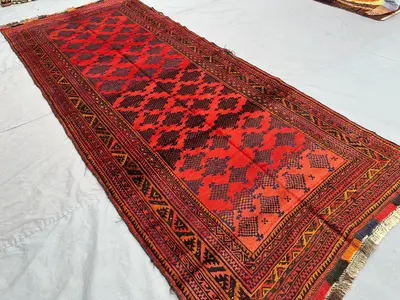 4x10 Antique Baluchi Runner Rug | Hand Knotted Tribal Wool Carpet | Wide Red Black Afghan Hallway Rug | Vintag