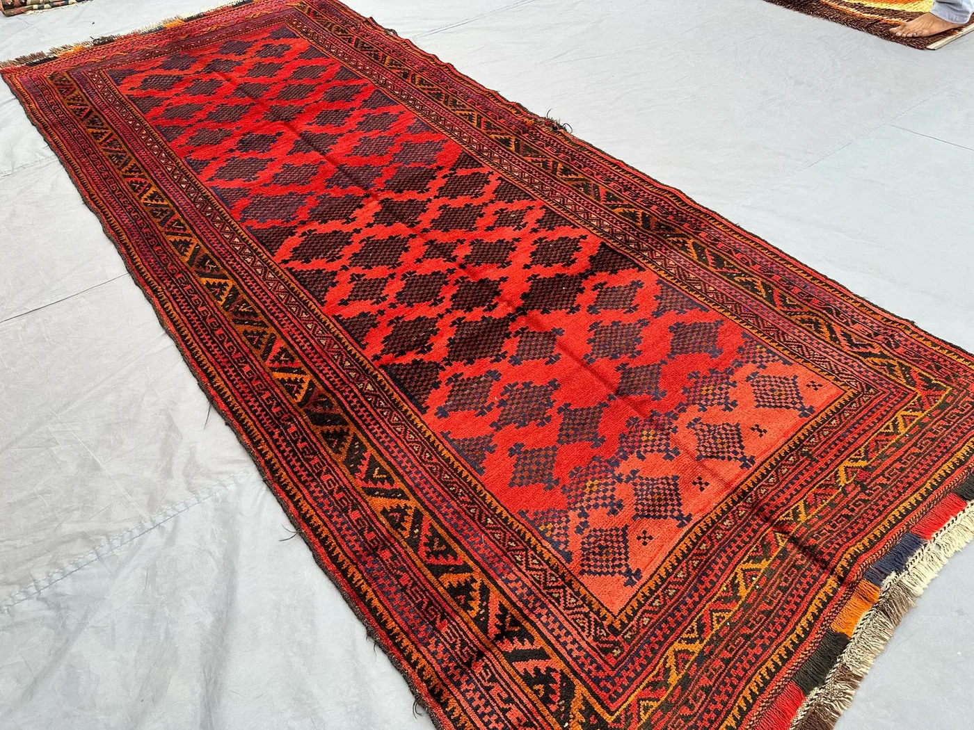 4x10 Antique Baluchi Runner Rug | Hand Knotted Tribal Wool Carpet | Wide Red Black Afghan Hallway Rug | Vintage Nomadic Long Decor, Entryway