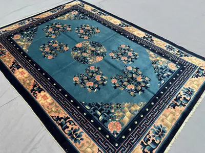 5x7 Turkish Style Peking Rug | Hand-Knotted Wool Floral Carpet | Vintage Medallion Blue Oriental Rug | Traditi