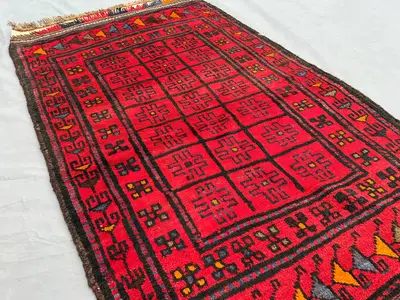 3x5 ft Antique Afghan Baluch Rug | Hand-Knotted Tribal Wool Carpet | Red Geometric Pattern | Vintage Nomadic B