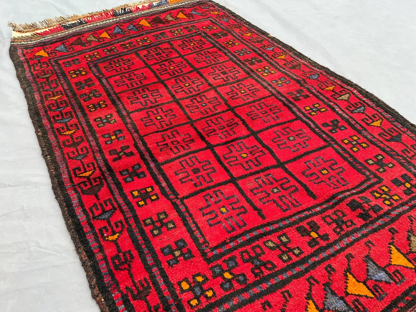 3x5 ft Antique Afghan Baluch Rug | Hand-Knotted Tribal Wool Carpet | Red Geometric Pattern | Vintage Nomadic Boho Accent Decor, Kids Rug