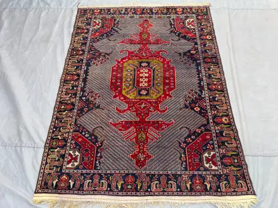 4'2x5'8 ft Vintage Afghan Baluchi Rug | Tribal One of a Kind Wool Carpet | Handmade Red Navy Ethnic Rug | High
