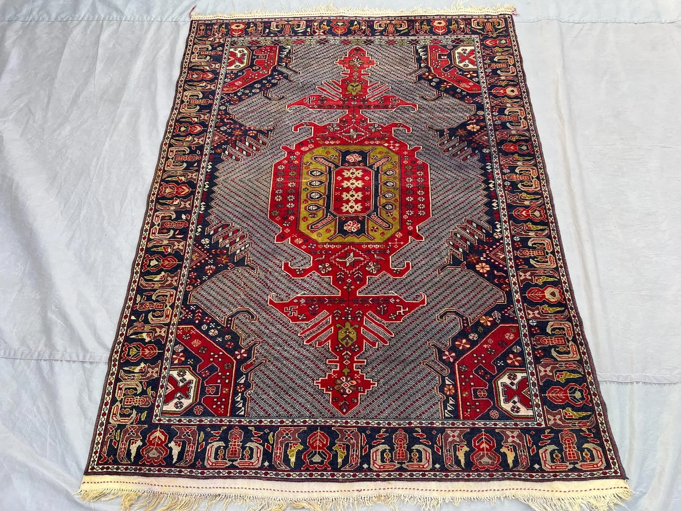 4'2x5'8 ft Vintage Afghan Baluchi Rug | Tribal One of a Kind Wool Carpet | Handmade Red Navy Ethnic Rug | High Quality Decor, Bedroom rug