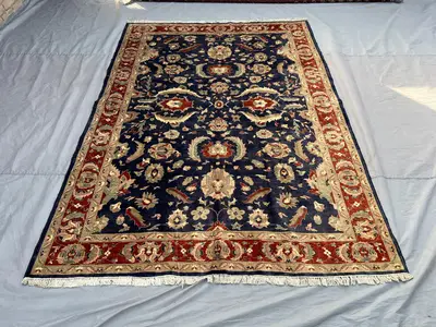 6'7x9'1 Persian-Style Sultanabad Design Rug | Hand-Knotted Afghan Wool | Navy Field, Red Floral Border