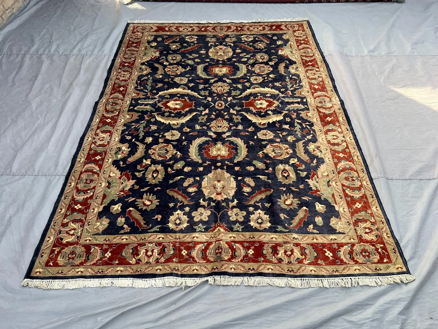 6'7x9'1 Persian-Style Sultanabad Design Rug | Hand-Knotted Afghan Wool | Navy Field, Red Floral Border