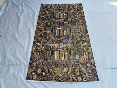 Antique Afghan Baluchi Rug 4x7 | Hand Knotted Pictorial Hunting Scene Carpet | Tribal Wool Animal Art Rug | No