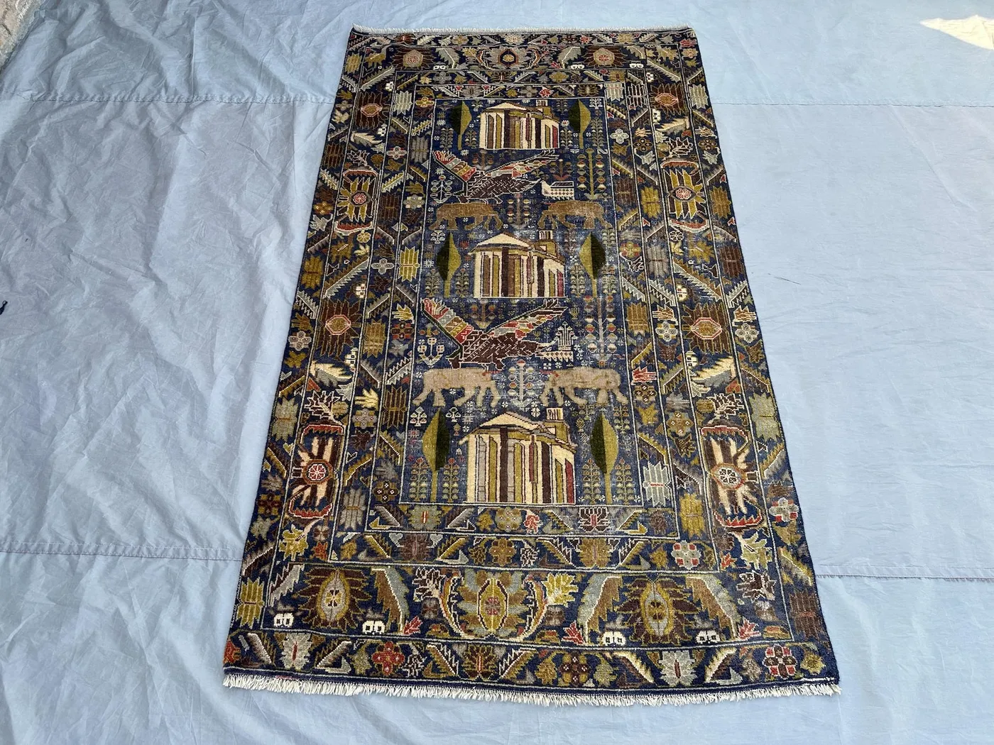 Antique Afghan Baluchi Rug 4x7 | Hand Knotted Pictorial Hunting Scene Carpet | Tribal Wool Animal Art Rug | Nomadic Wall Decor, Office Rug