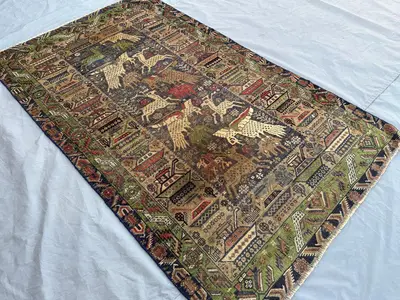 3'10x6'5 ft Antique Afghan Baluchi Rug, Hand Knotted Pictorial Hunting Carpet | Tribal Wool Animal Art Rug | N