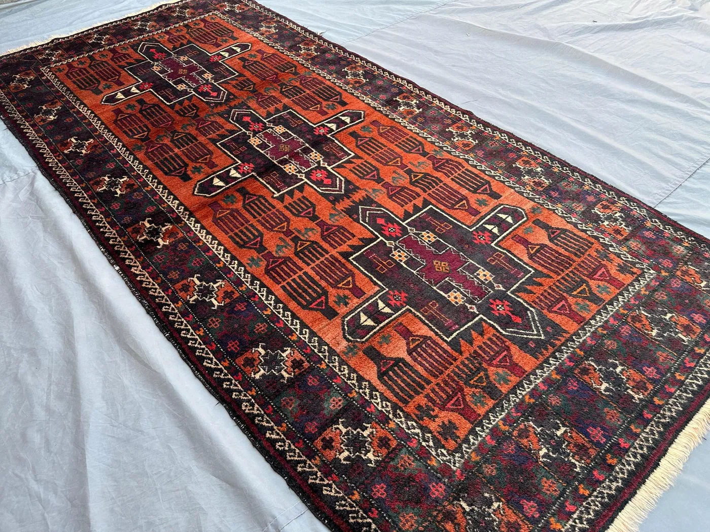 Antique Afghan Baluchi Rug 4'4x9'1 Hand Knotted Tribal Wool Carpet | Nomadic Pattern | Vintage Hallway Rug Outdoor Rug, caucasian Style Rug