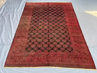 7x9 Antique Turkmen Bukhara Rug | Afghan Tribal Hand Knotted Wool Area Carpet | Red Black Geometric Pattern | 