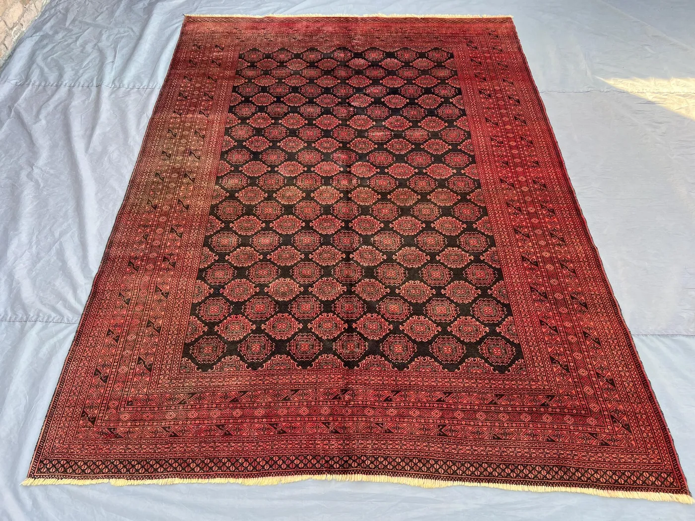 7x9 Antique Turkmen Bukhara Rug | Afghan Tribal Hand Knotted Wool Area Carpet | Red Black Geometric Pattern | Living Room Rug, Floor Decor