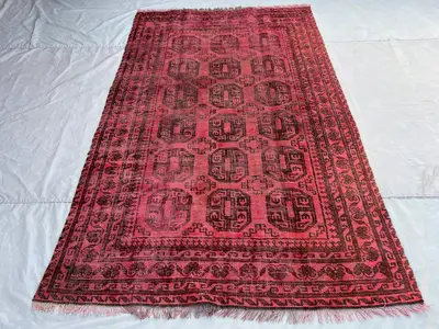 Antique Turkmen Bukhara Rug, 5x8 Tribal Geometric Wool Carpet | Distressed No Pile Faded Red Area Rug, Vintage
