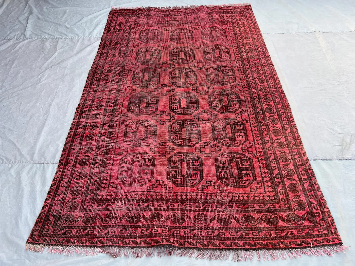 Antique Turkmen Bukhara Rug, 5x8 Tribal Geometric Wool Carpet | Distressed No Pile Faded Red Area Rug, Vintage Hand Knotted Decor, Floor Rug