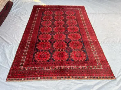 7x10 Antique Turkmen Ersari Rug | Tribal Geometric Afghan Rug | Hand Knotted Red Wool Rug | Vintage Bohemian O