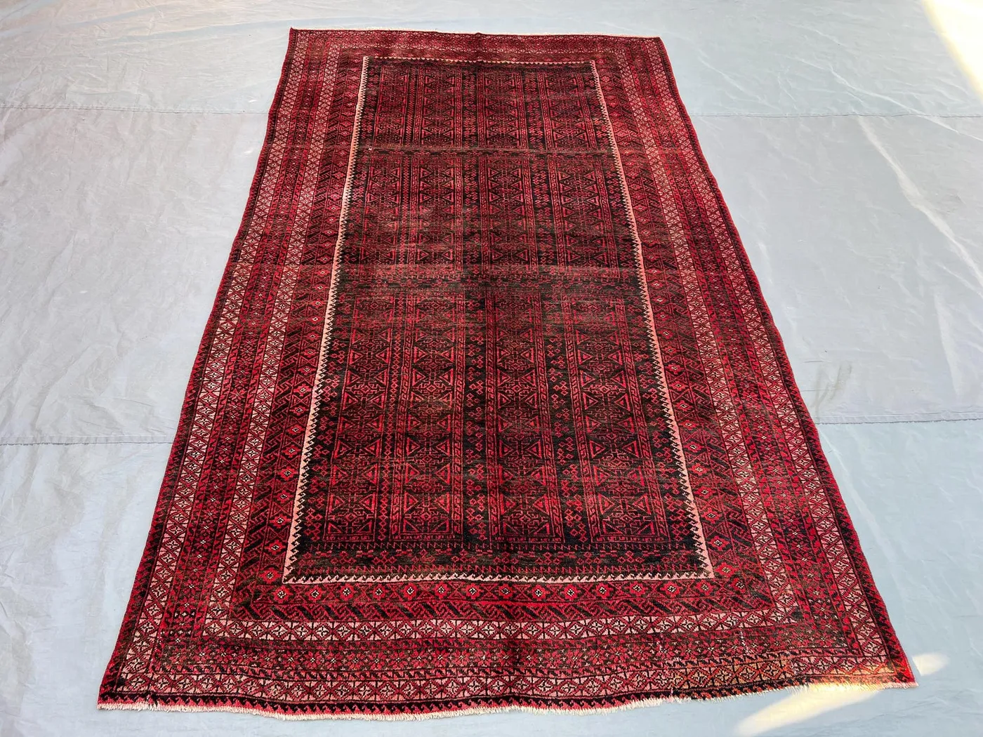 5'4x8'10 Vintage Afghan Hand Knotted Wool Rug Dark Red Black All Over Geometric Stripe Triangle Tribal Boho Living Room Bedroom Carpet