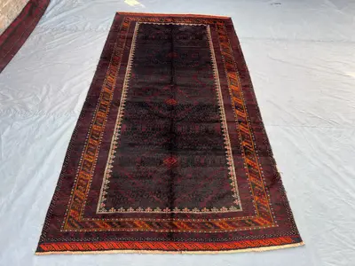 5x10 Afghan Baluch Rug | Vintage Handmade Tribal Runner | Wool Hallway Rug | Dark Red Black Oriental Carpet | 
