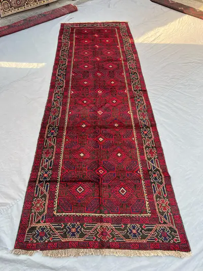 4'1x12'4 ft Antique Afghan Baluchi Runner | Hand Knotted Wide Tribal Rug | Red Navy Wool Hallway Rug | Ethnic 