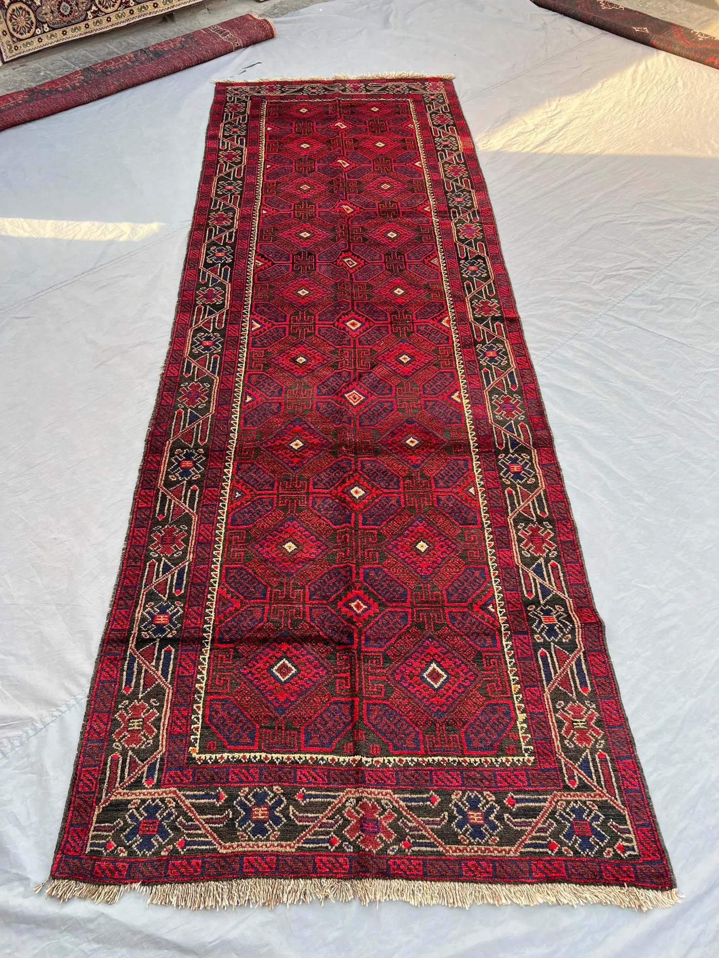 4'1x12'4 ft Antique Afghan Baluchi Runner | Hand Knotted Wide Tribal Rug | Red Navy Wool Hallway Rug | Ethnic Geometric Decor, Entryway rug
