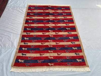 Vintage Afghan Baluchi Rug 4'9x6'7 ft | Hand Knotted Wool Carpet | Tribal Pictorial Art Design | Nomadic Anima