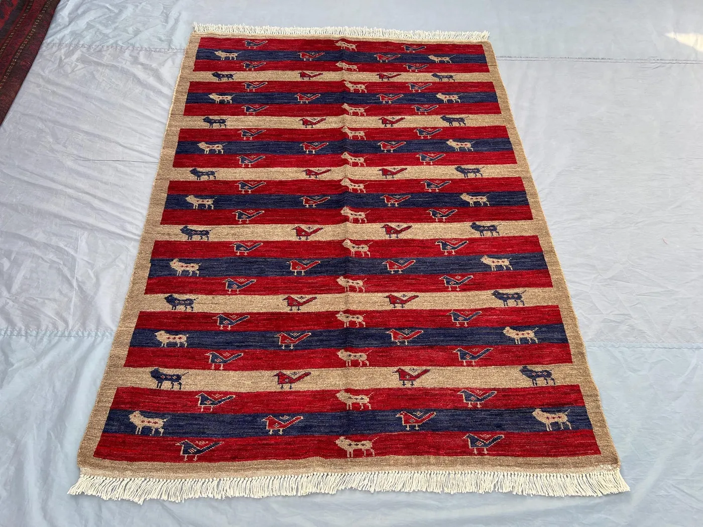 Vintage Afghan Baluchi Rug 4'9x6'7 ft | Hand Knotted Wool Carpet | Tribal Pictorial Art Design | Nomadic Animal Motif Area Rug for Decor