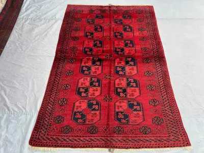 Antique Turkmen Bukhara Rug 5x7 | Hand Knotted Afghan Wool Carpet | Elephant Foot Design | Tribal Geometric Ra