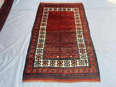 Antique Afghan Baluchi Rug 4'5x7'3 ft | Hand Knotted Wool Carpet | Distressed No Pile GeometricRug | Bohemian 
