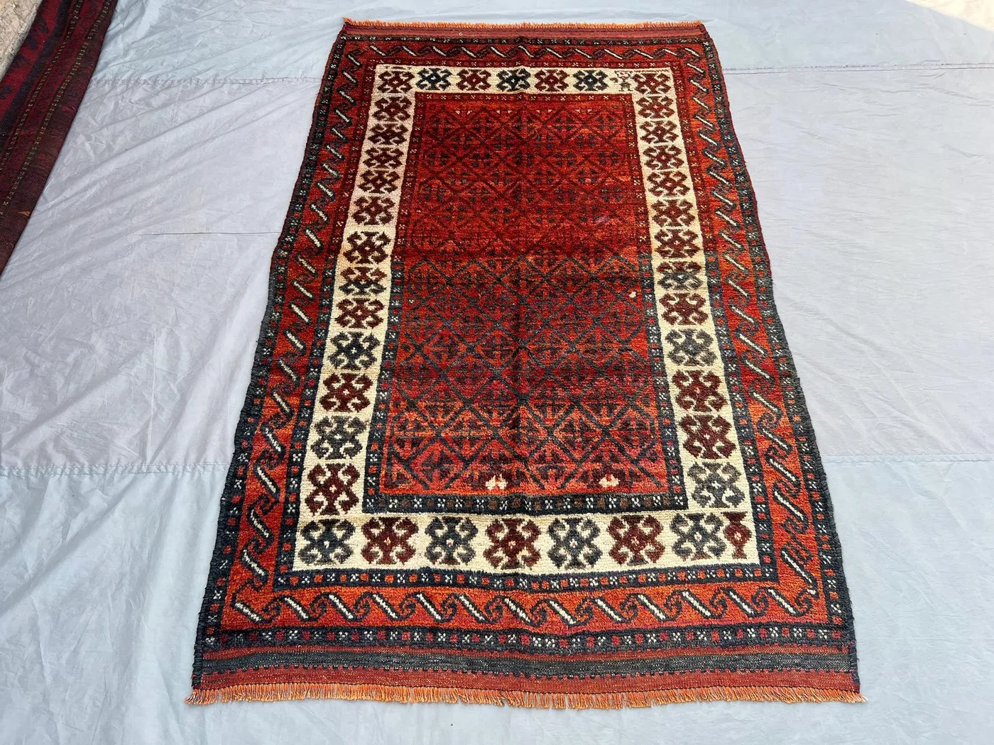 Antique Afghan Baluchi Rug 4'5x7'3 ft | Hand Knotted Wool Carpet | Distressed No Pile GeometricRug | Bohemian Bedroom Decor Rug, Floor Rug
