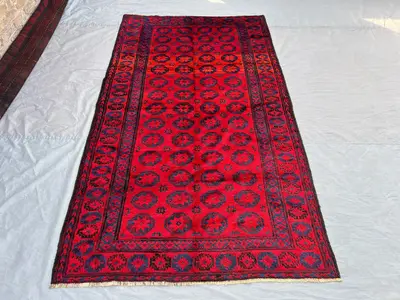 4'8 x 8'3 ft Antique Afghan Tribal Rug | Hand-Knotted Wool Baluchi Turkmen Pattern | Vintage Red Geometric Ori