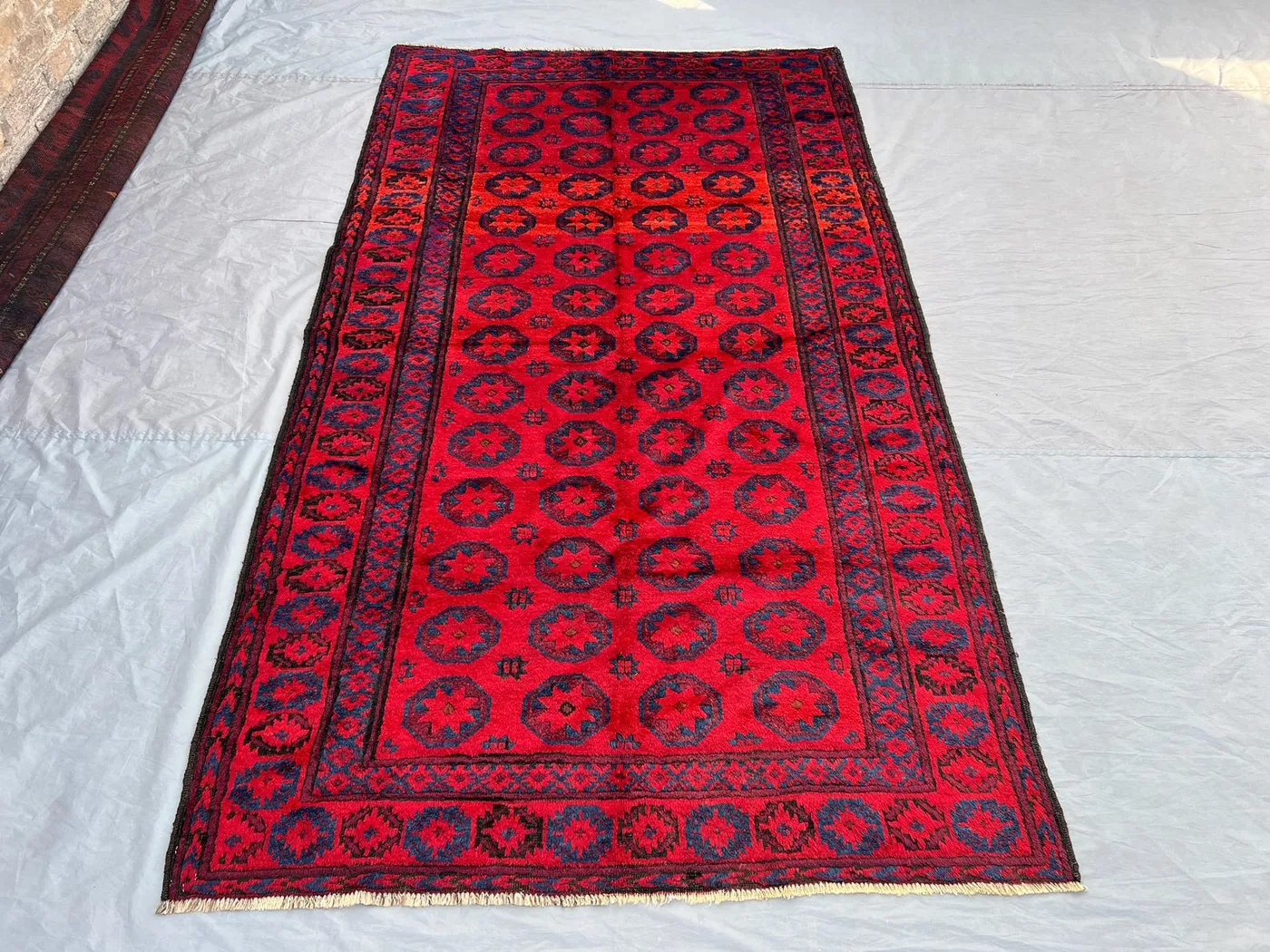 4'8 x 8'3 ft Antique Afghan Tribal Rug | Hand-Knotted Wool Baluchi Turkmen Pattern | Vintage Red Geometric Oriental Area Carpet, Bedroom Rug