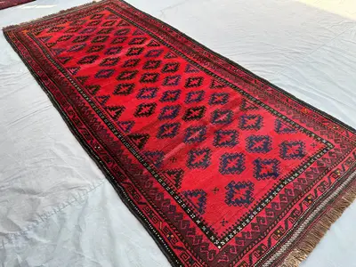 4x10 Vintage Baluchi Runner Rug | Hand-Knotted Tribal Wool Carpet, Red Geometric Wide Design | Nomadic Afghan 