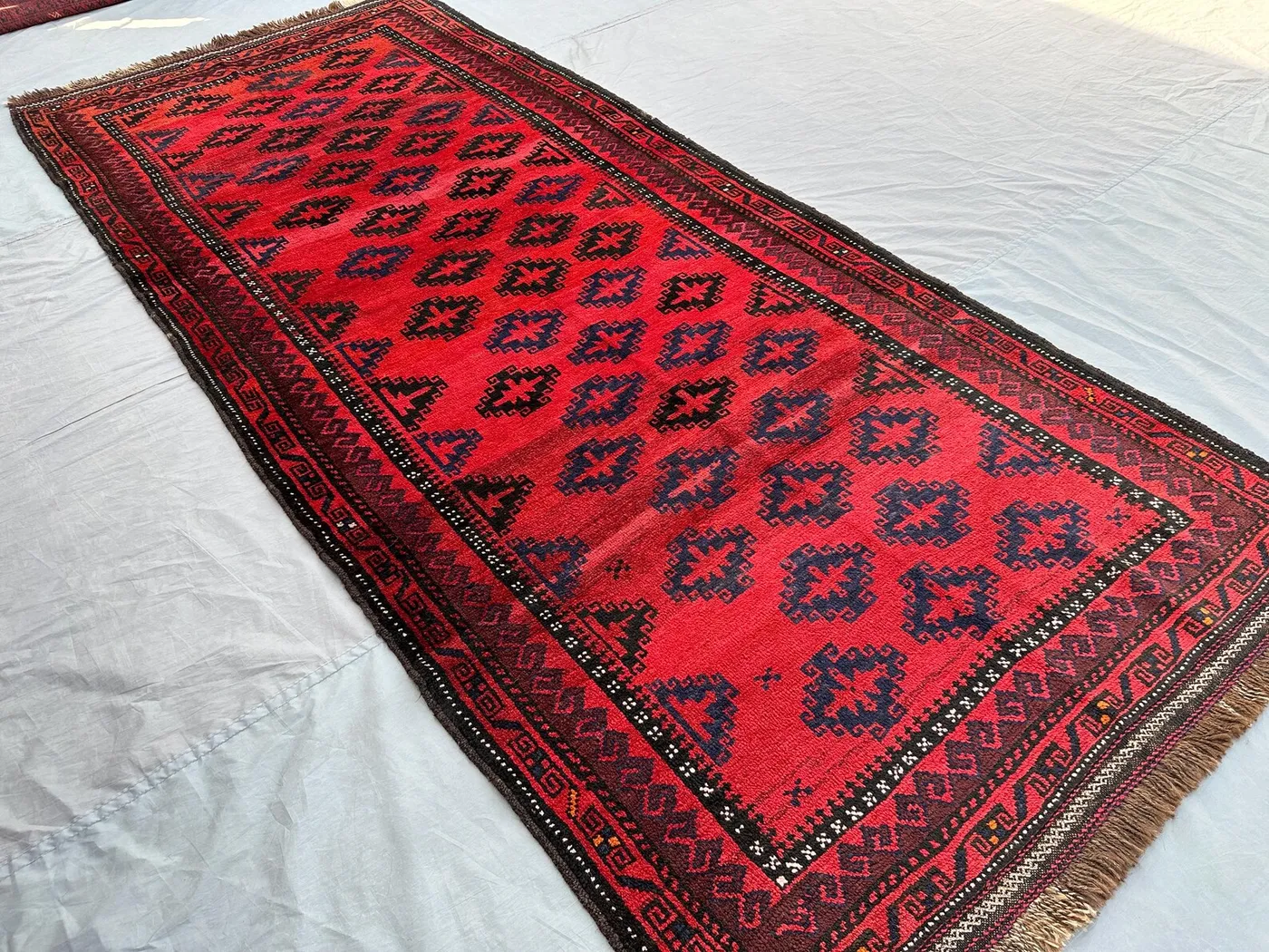 4x10 Vintage Baluchi Runner Rug | Hand-Knotted Tribal Wool Carpet, Red Geometric Wide Design | Nomadic Afghan Hallway Decor, Turkmen Pattern