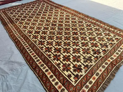 6x10 ft Antique Afghan Baluchi Rug | No Pile Distressed Wool Carpet | Tribal Geometric Pattern | Faded Nomadic