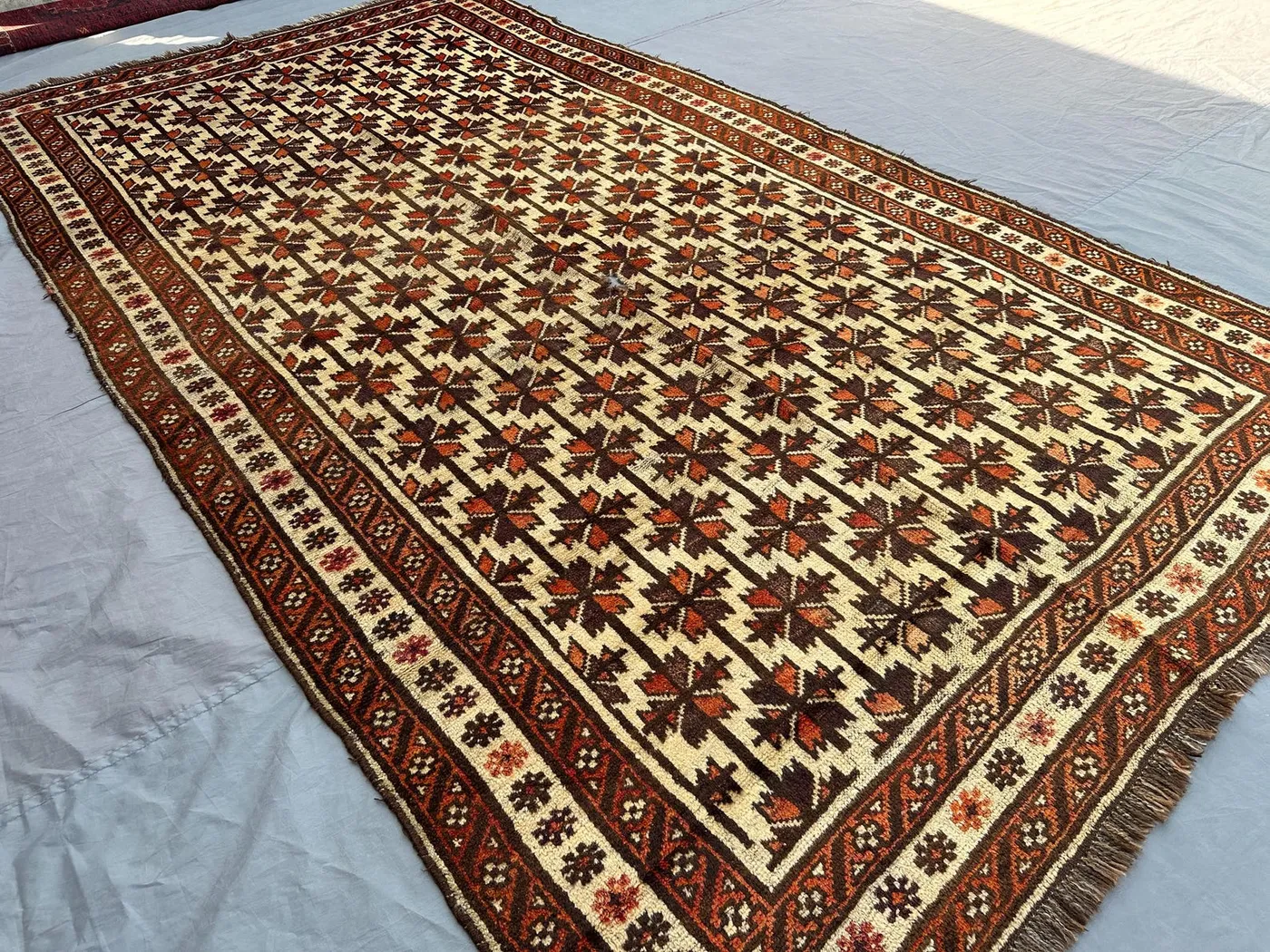 6x10 ft Antique Afghan Baluchi Rug | No Pile Distressed Wool Carpet | Tribal Geometric Pattern | Faded Nomadic Area Rug Decor, Outdoor Rug