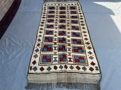 4'4 x 9'8 ft Antique Taimani Baluchi Rug | Hand-Knotted Tribal Wool Carpet | Cream & Red Geometric Runner | Ra