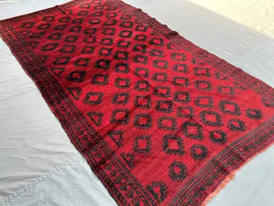 5x9 Vintage Afghan Baluchi Rug | Hand-Knotted Wool Tribal Carpet | Red & Black Geometric Pattern | Large Orien