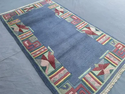3x5 Moroccan Hand Knotted Rug | Vintage Wool Area Carpet | Caucasian Style Tribal Decor | Blue Geometric Desig
