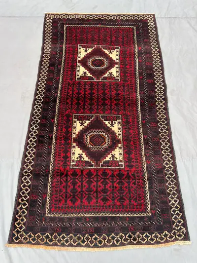 4x7 Afghan Baluch Rug | Hand-Knotted Tribal Wool Carpet | Rust Red Geometric Medallion Design | Vintage Nomadi