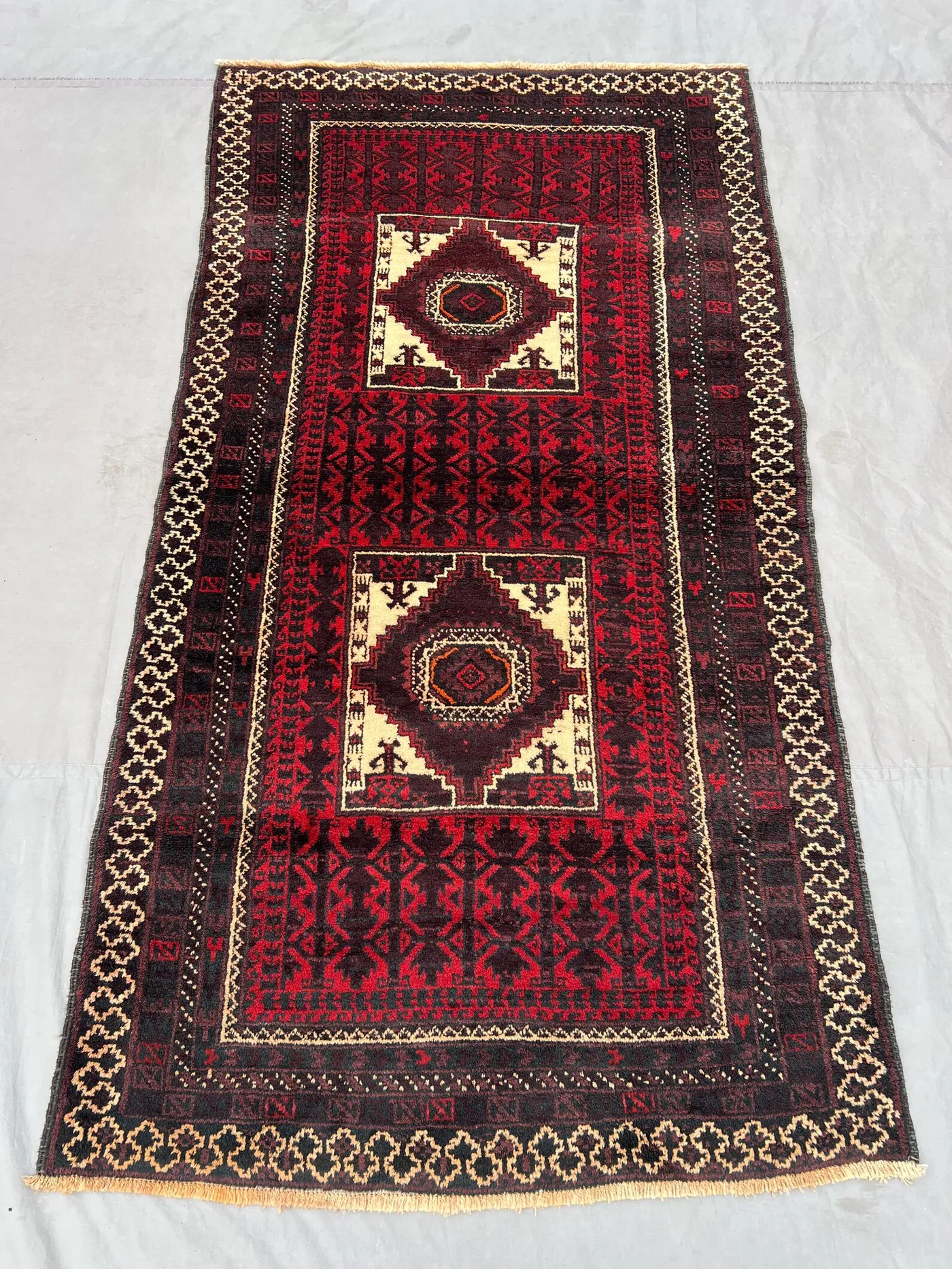 4x7 Afghan Baluch Rug | Hand-Knotted Tribal Wool Carpet | Rust Red Geometric Medallion Design | Vintage Nomadic Fine Rug, Living Room Decor
