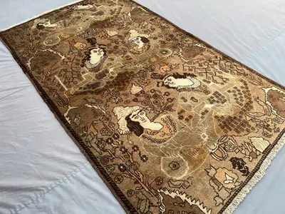 Antique Afghan Baluchi Rug 4x6'9 ft, Hand Knotted Wool Carpet | Faded Terracotta Tones | Tribal Pictorial Quee