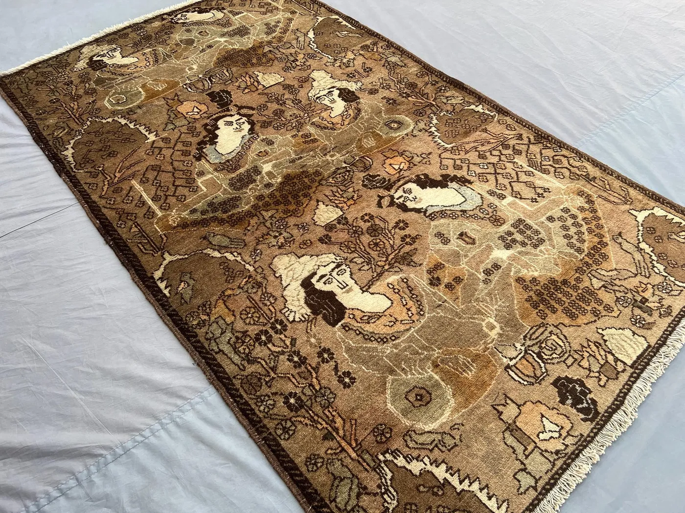 Antique Afghan Baluchi Rug 4x6'9 ft, Hand Knotted Wool Carpet | Faded Terracotta Tones | Tribal Pictorial Queen Design | Vintage Nomadic Rug