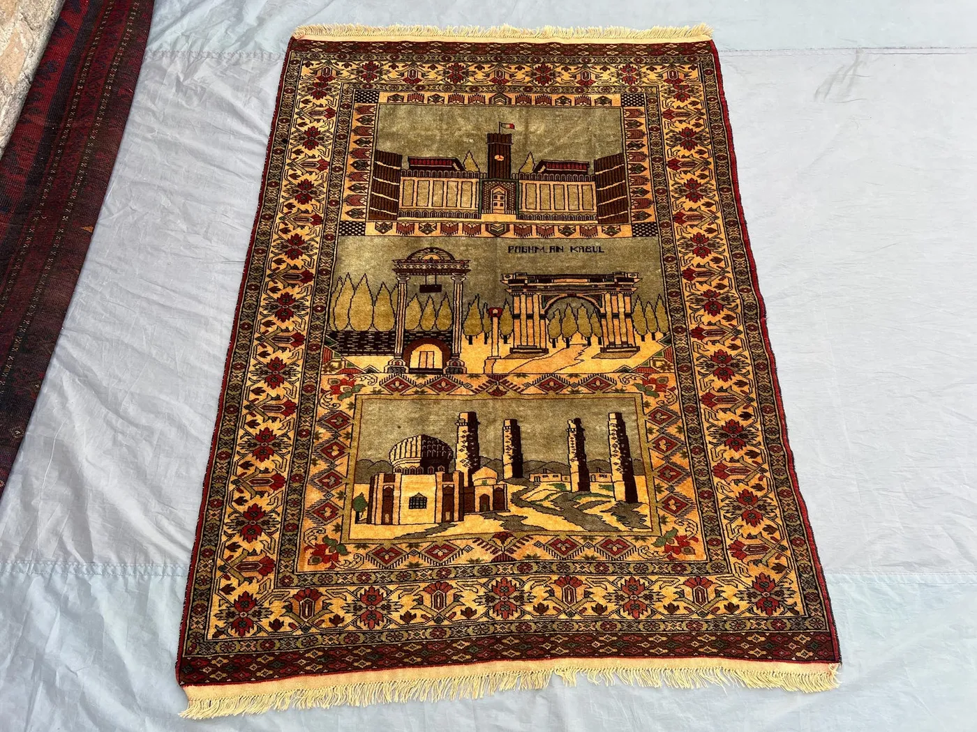Antique Baluchi Rug 4x6 | Hand Knotted Wool Pictorial Carpet | Kabul Monument Scene | Tribal Afghan Art Rug, Wall Hanging Decor, Nomadic Rug